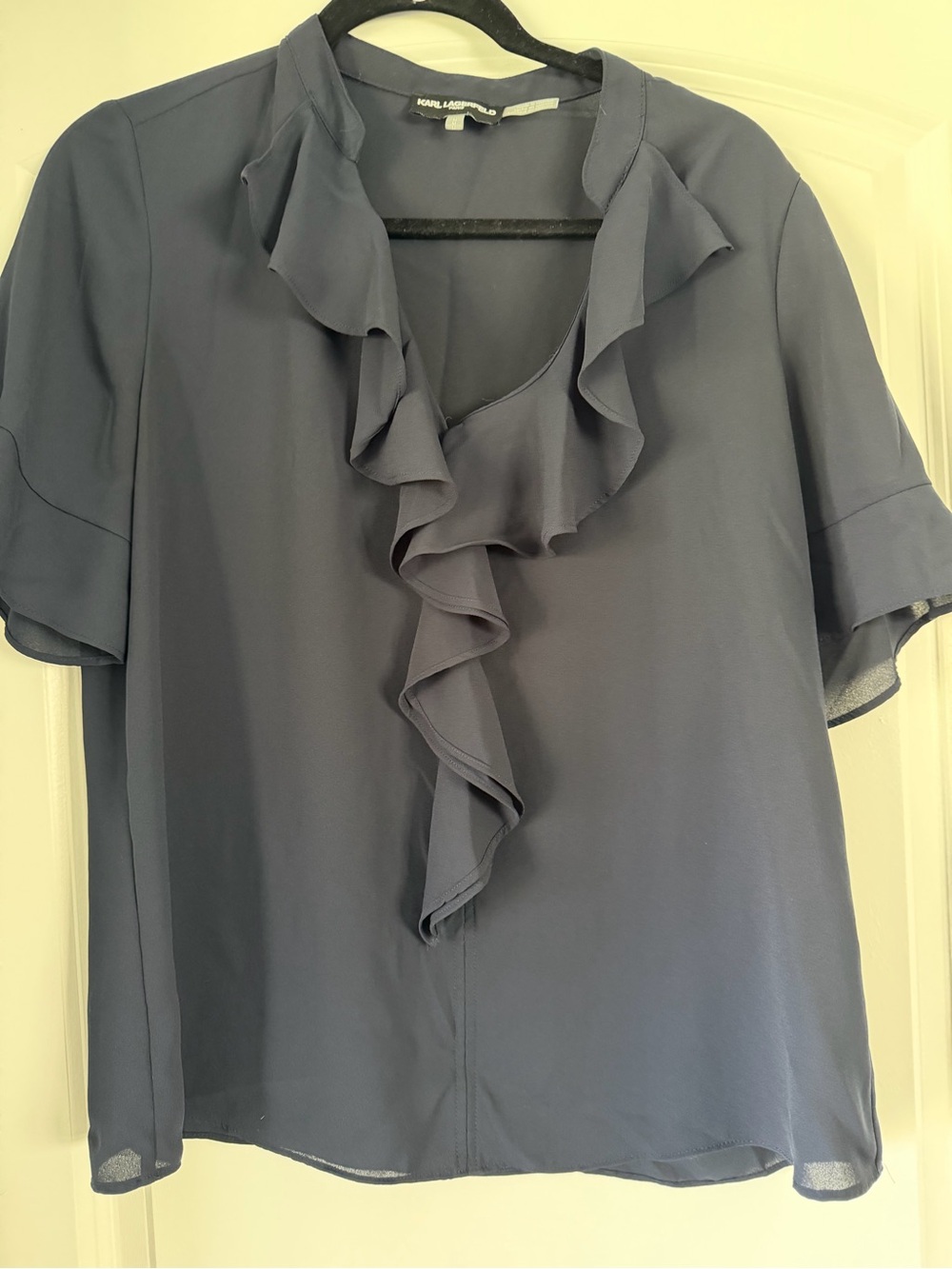 Karl Lagerfeld Paris Navy Ruffle Front Blouse Size M